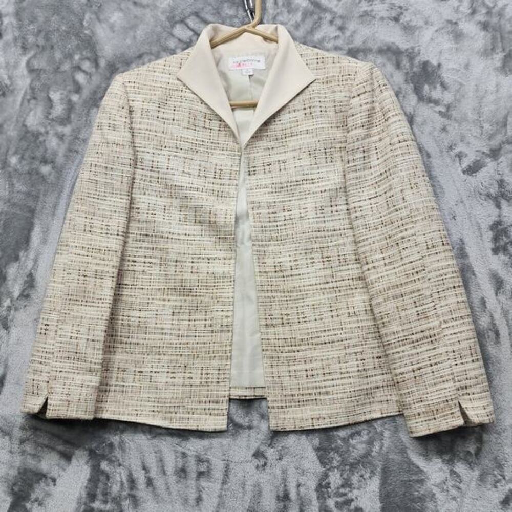 Liz Claiborne Suit Jacket Womens 12 Cream Beige Tweed Open Front Blazer Office